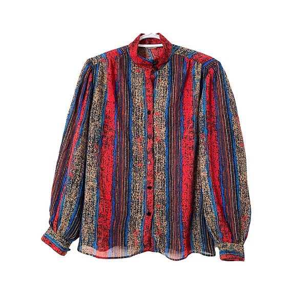 Vintage Tops - Vintage 70s Balloon Sleeve Blouse Stripe Splatter Pattern Mock Neck Red Blue Tan